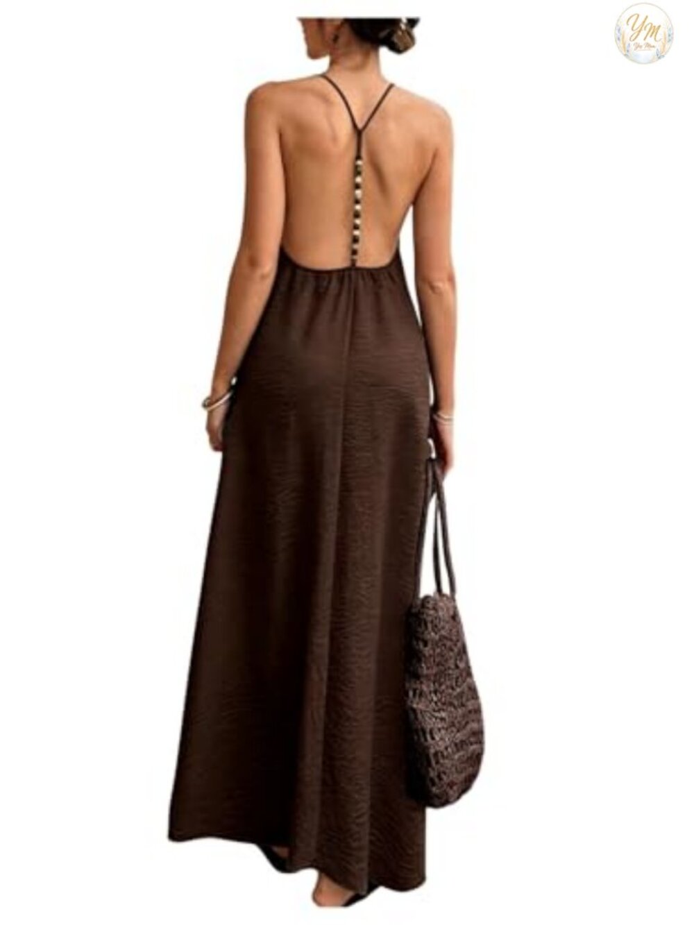 Backless Cami Maxi Dress Linen Look Beaded Strap V-Neck Sleeveless Summer